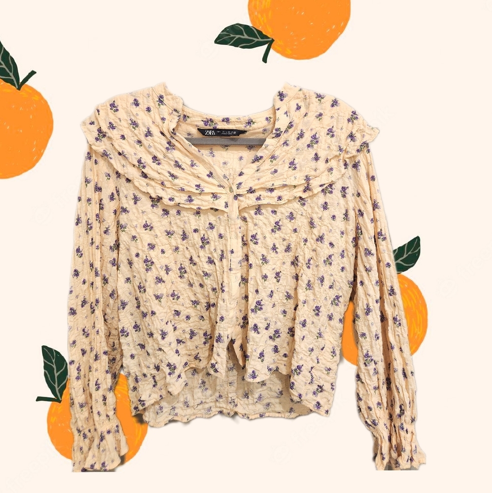 zara babydoll peter pan collar floral cream blouse